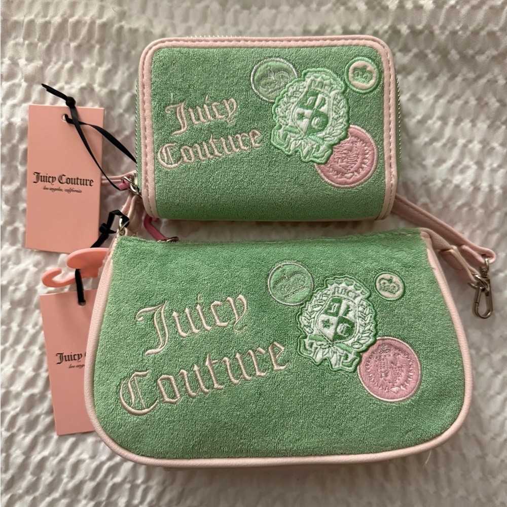 Juicy Couture Green and Pink Embroidered small shoulder bag & Zip Wallet Set
